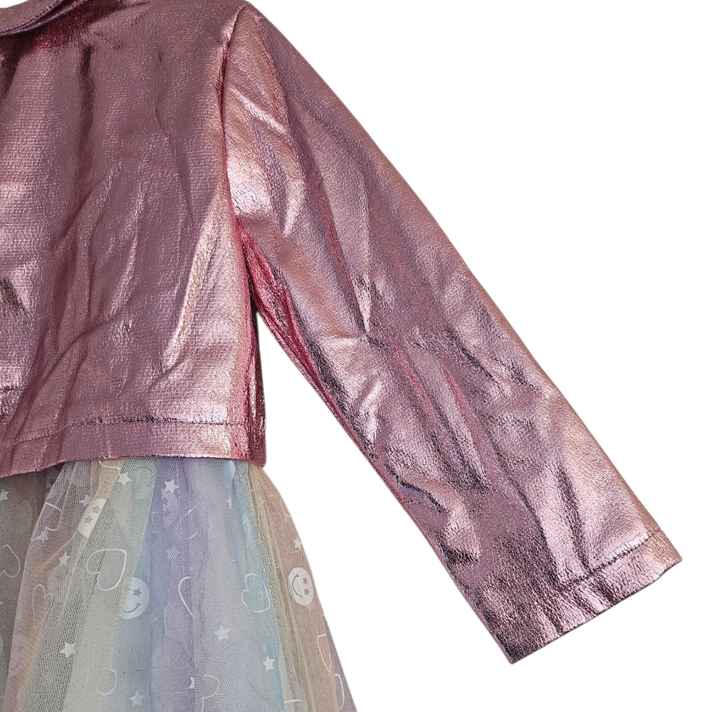 NWT Sparkle & Shine Girls Smiley Face Mesh Dress Metallic Moto Jacket Set, 4T - Picture 11 of 16
